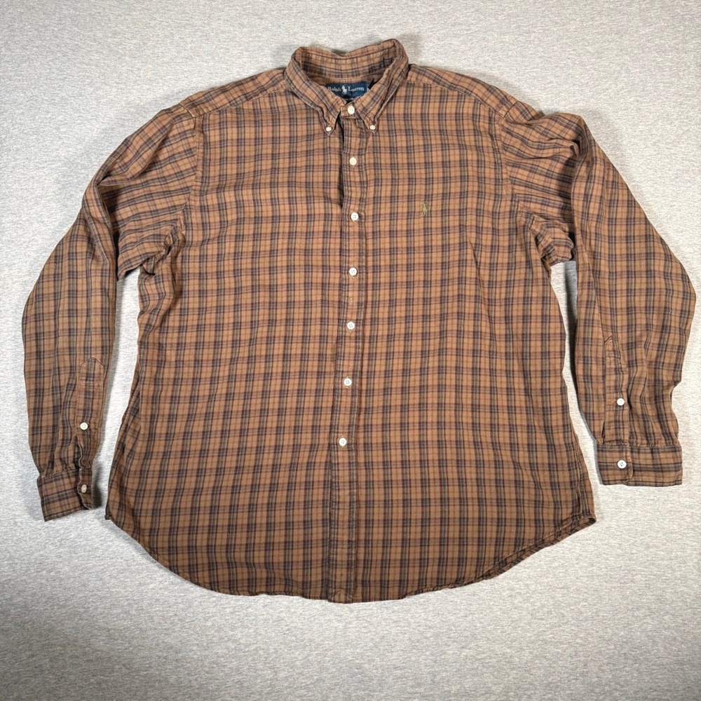 Ralph Lauren Mens XXL Classic Fit Plaid Button Down Shirt Brown Long Sleeve Pony